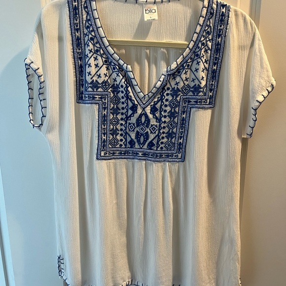 Bila Tops - BILA Beaded Top, White with Blue Beading, Size L